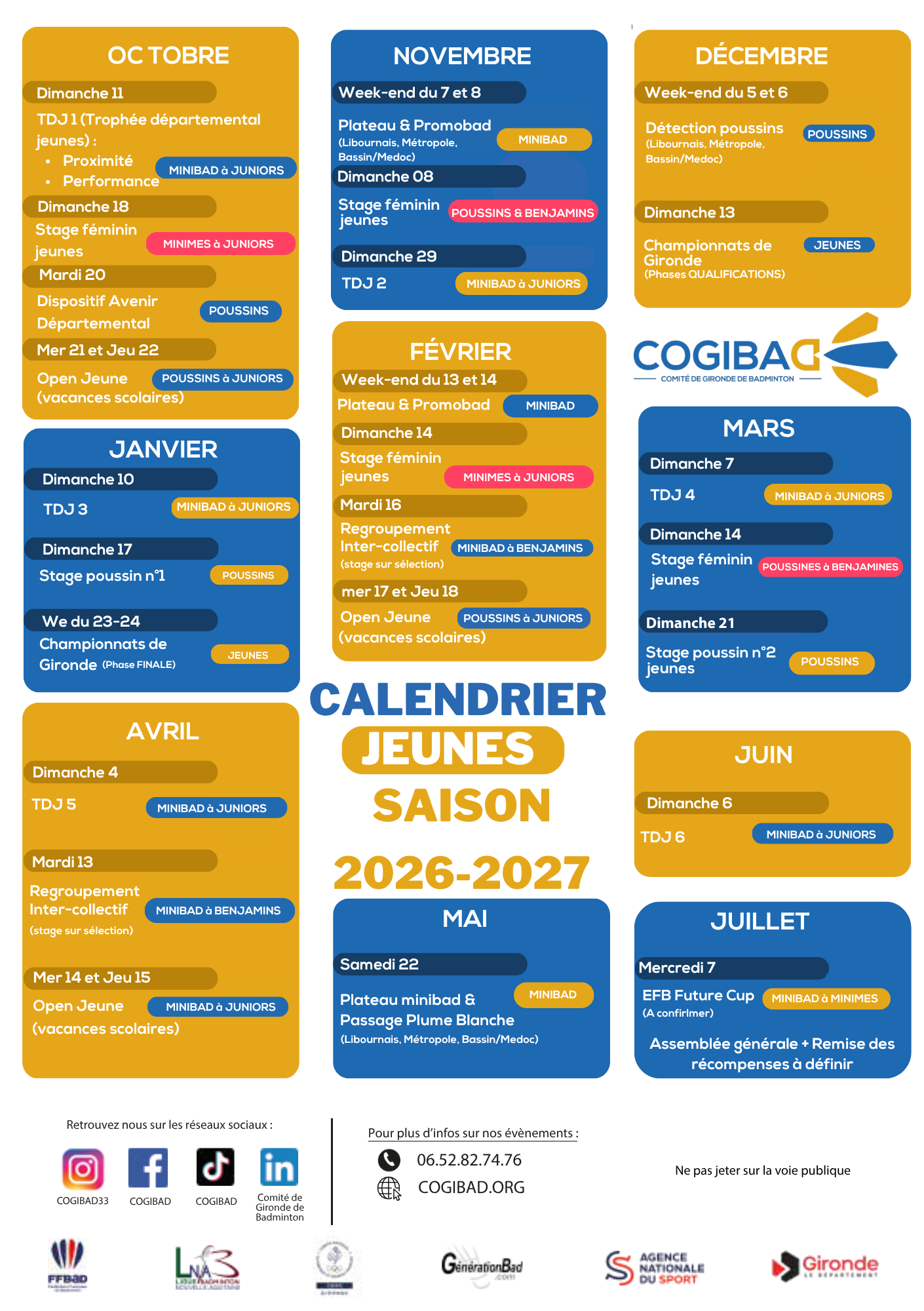 Calendrier jeunes saison 2026-2027