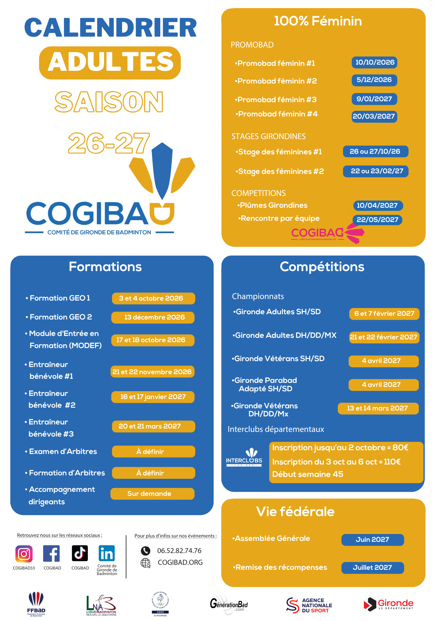 Calendrier adultes saison 2026-2027